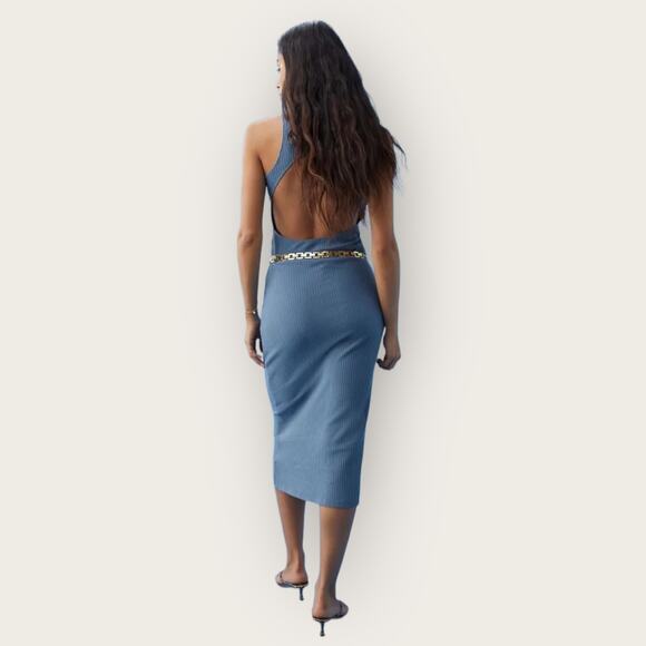 Reformation Candice Bodycon Midi Dress Cut Out Large Blue Ribbed Knit Open Back - Picture 10 of 12